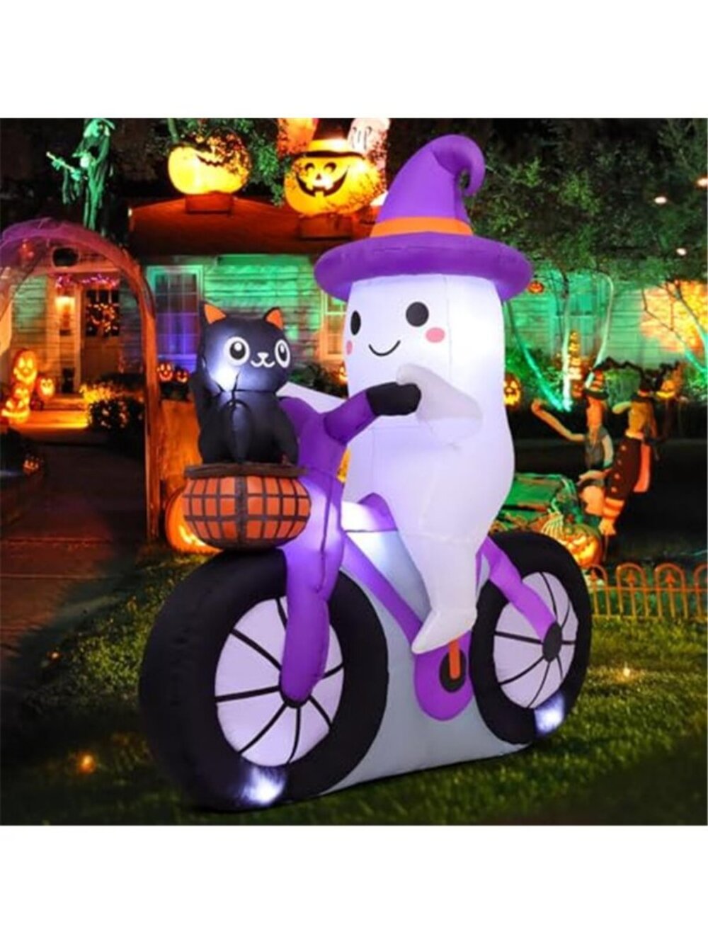 5FT Halloween Inflatables Ghost Bike Black Cat Yard Decor with LEDs